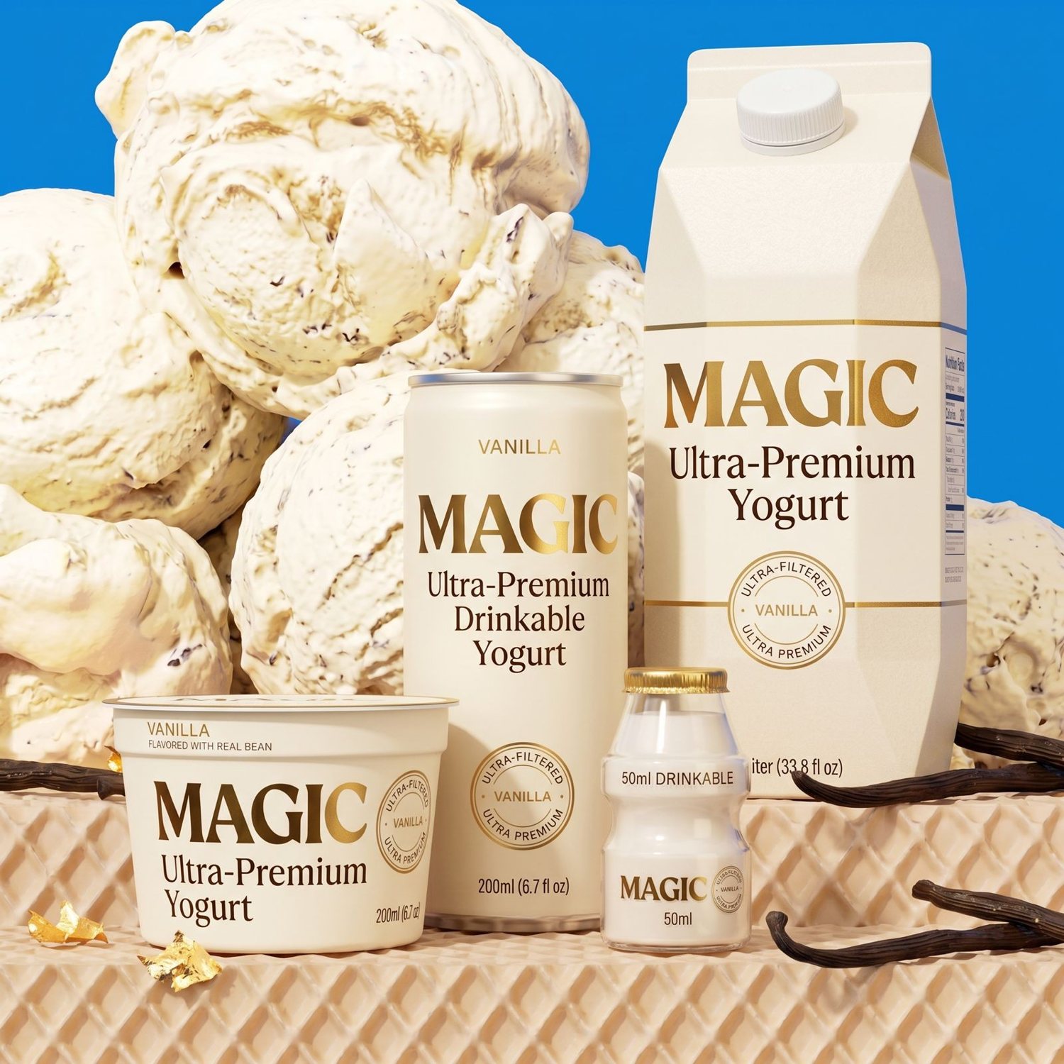 The MAGIC line — tub, can, carton and shot against royal blue